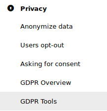 Matomo GDPR Tools menu