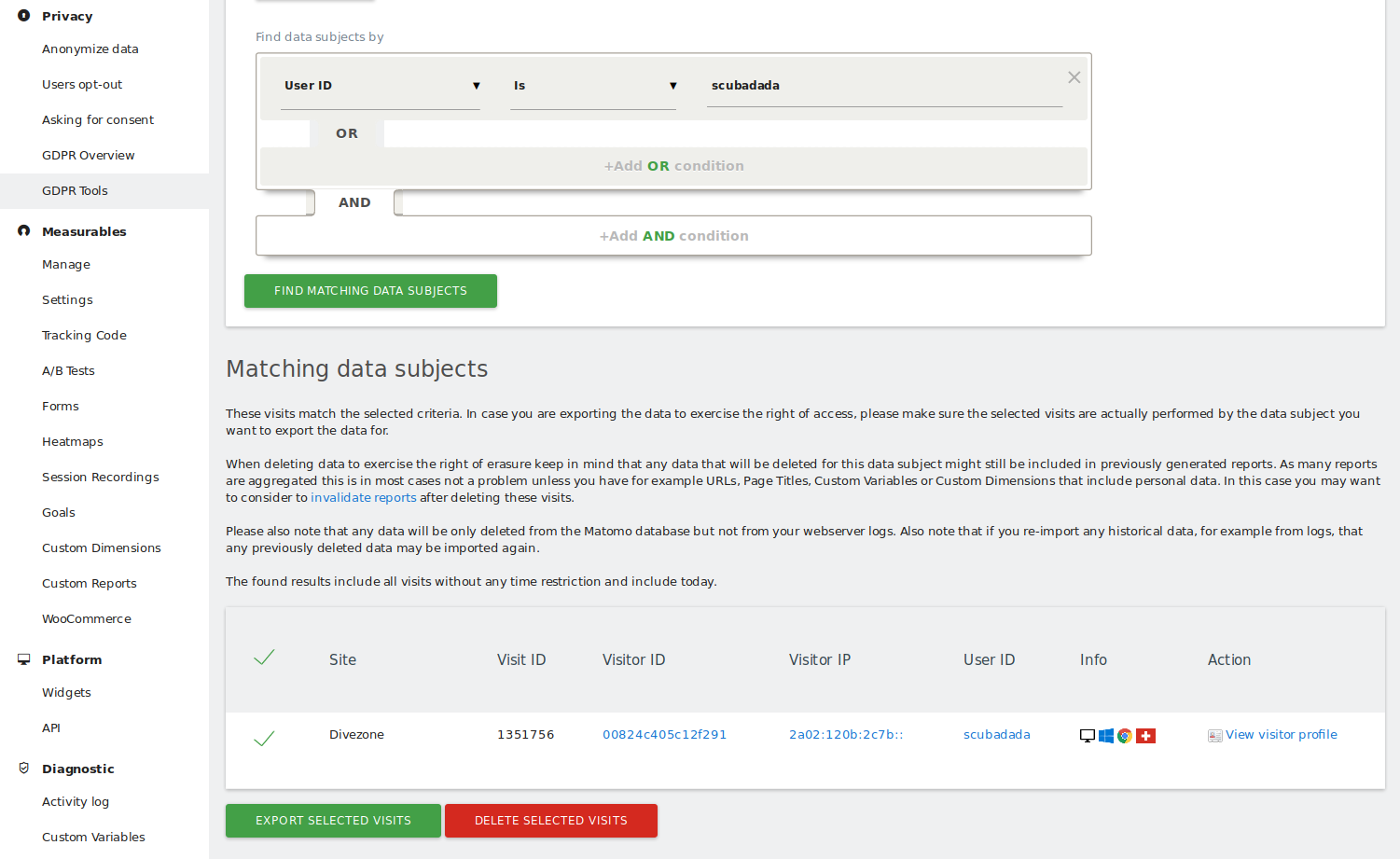 Matomo matching data subject feature