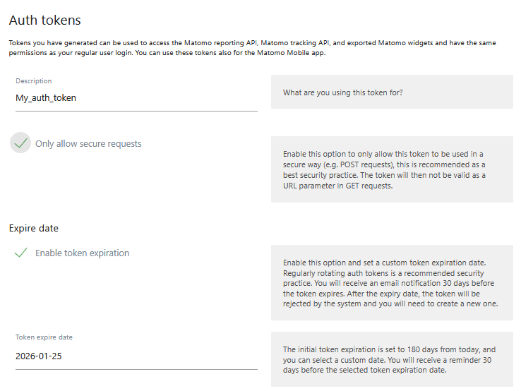 enable secure matomo token_auth