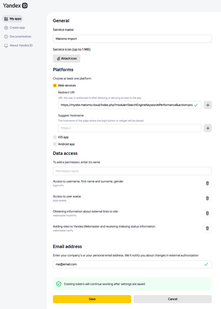 Yandex config for Matomo