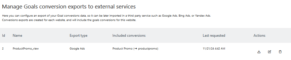 manage conversion exports in matomo