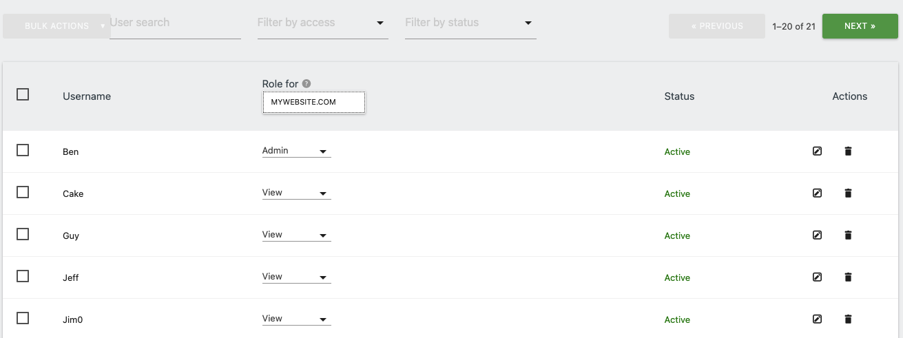 Admin Users Search Table