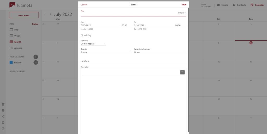 Tutanota calendar event