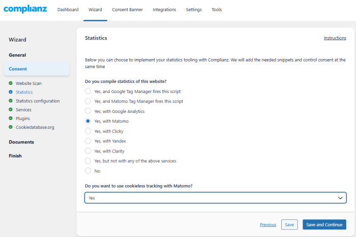 configure complianz for cookieless tracking in matomo