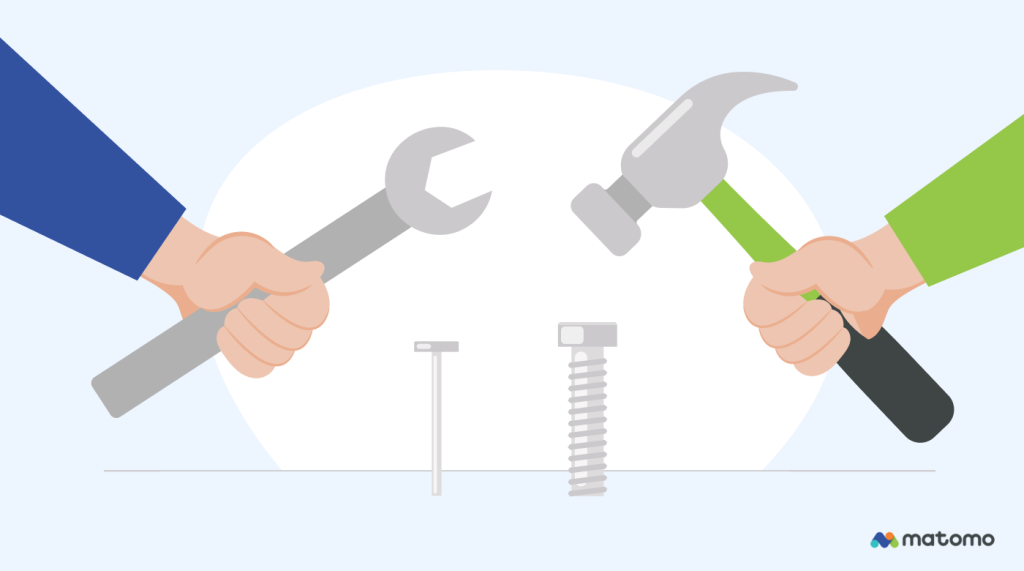 wrench trying to hammer in a nail, and a hammer trying to screw in a screw to a piece of wood