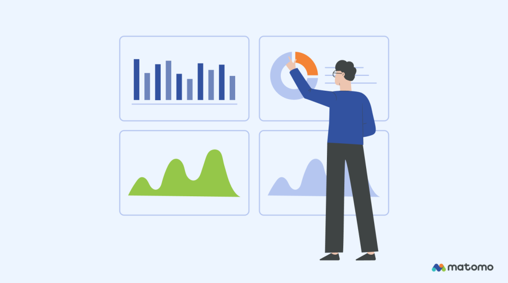 A marketer is examining visual representations of data. He is pointing to a pie chart.