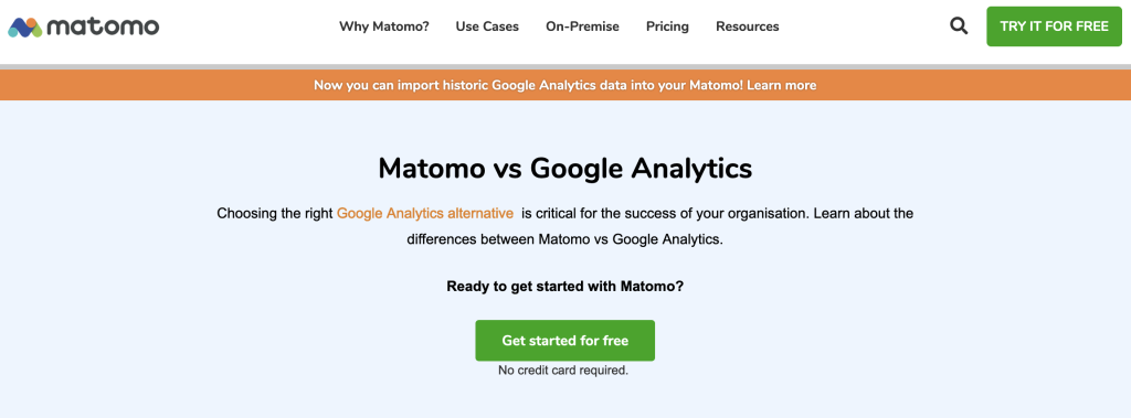 Versus page example from Matomo comparing Google Analytics alternative
