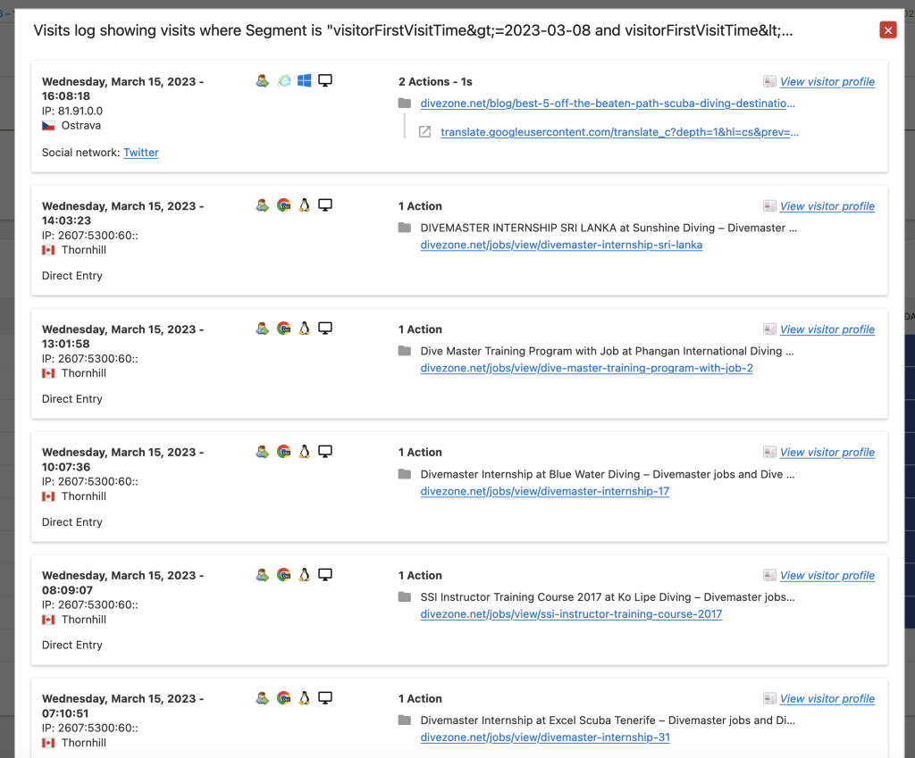 Segmented cohort visitor log in Matomo