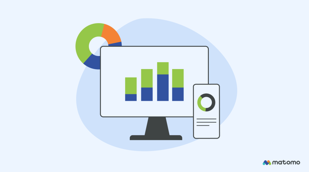 A computer screen and mobile device surrounded by various metrics and chart icons