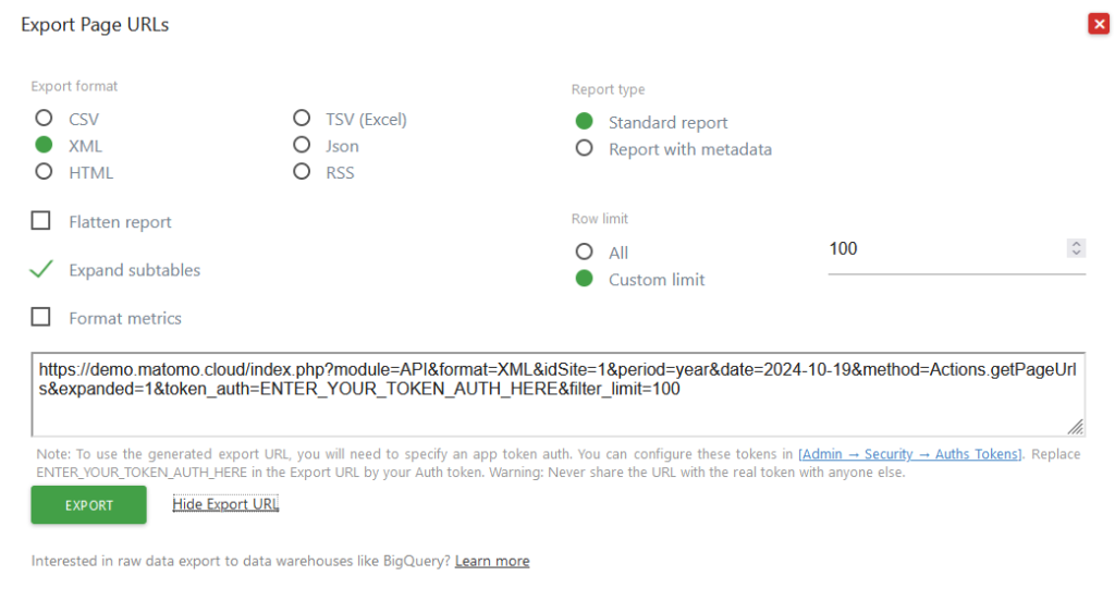 power bi matomo api url show export url