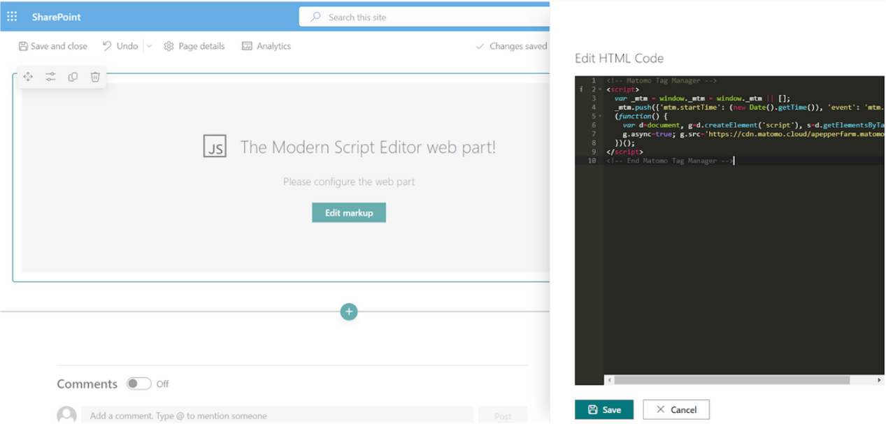 sharepoint edit markup to paste matomo code