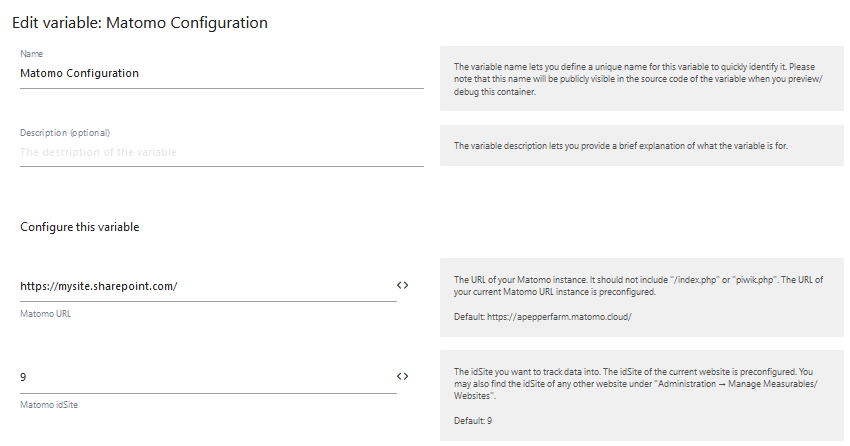 configure matomo tag manager variable to integrate with sharepoint