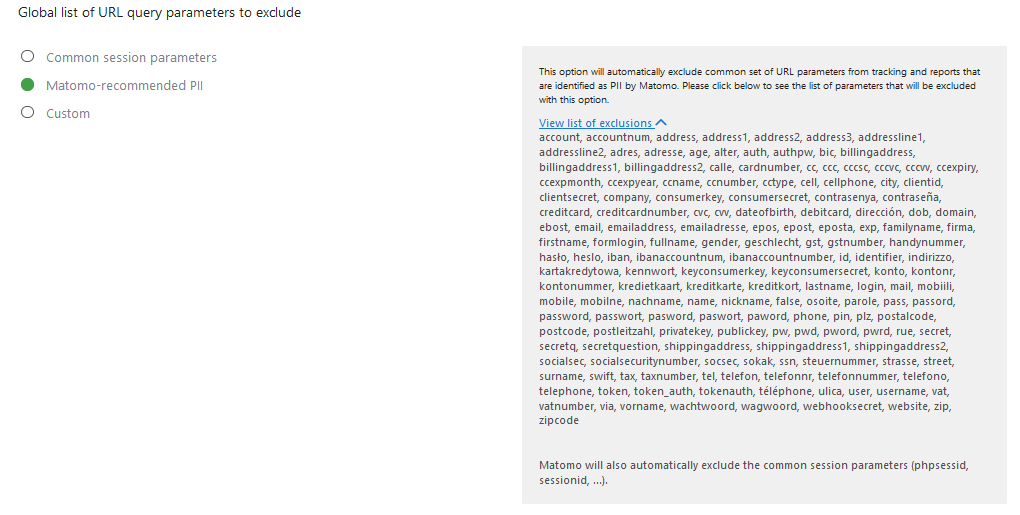 matomo Global list of URL query parameters to exclude