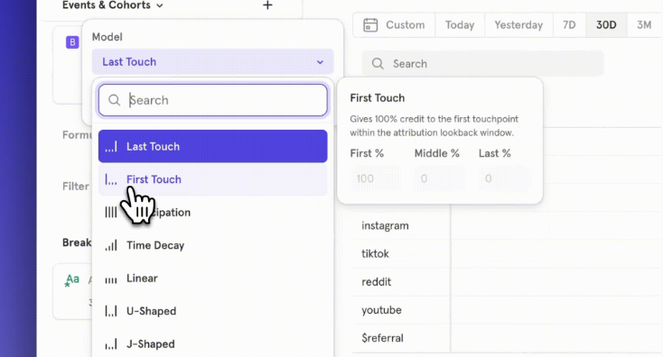Screenshot of attribution tools in Mixpanel