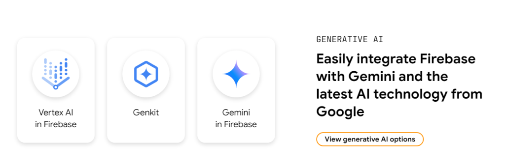 An image showing Firebases main value propositions: Vertex AI, Gemkit, Gemini in firebase