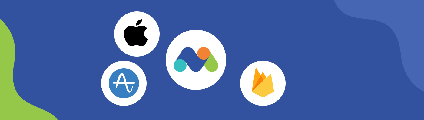 An illustration or outline of a mobile phone on a dark-blue background with the logos of the best app analytics tools in the market coming out of it.