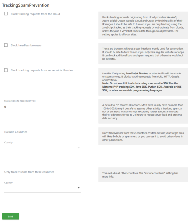 Matomo tracking spam prevention settings