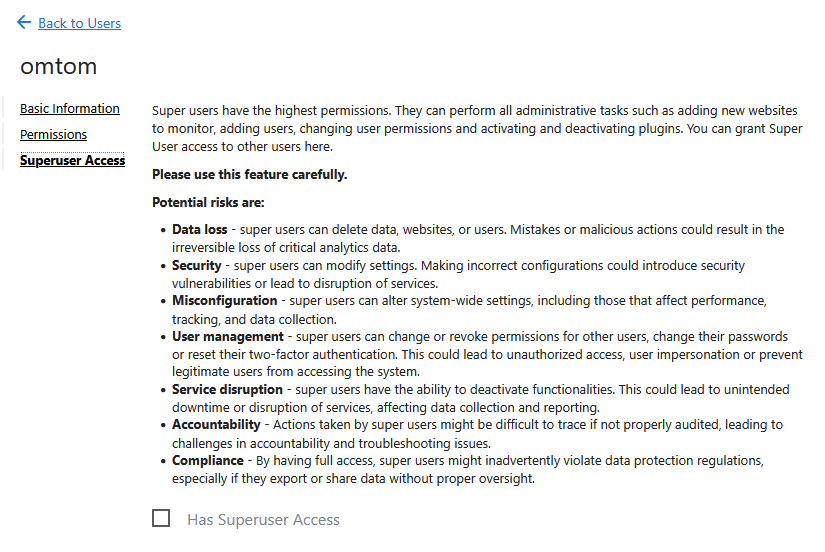 grant superuser access in matomo
