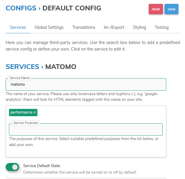 Klaro Cloud config for matomo