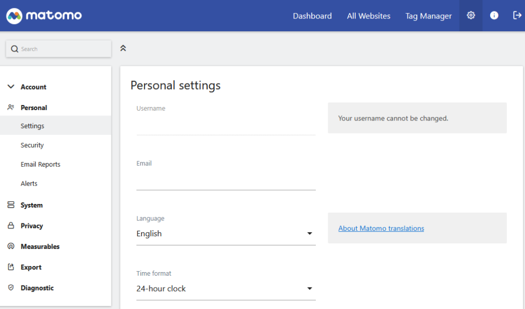 open Matomo admin area
