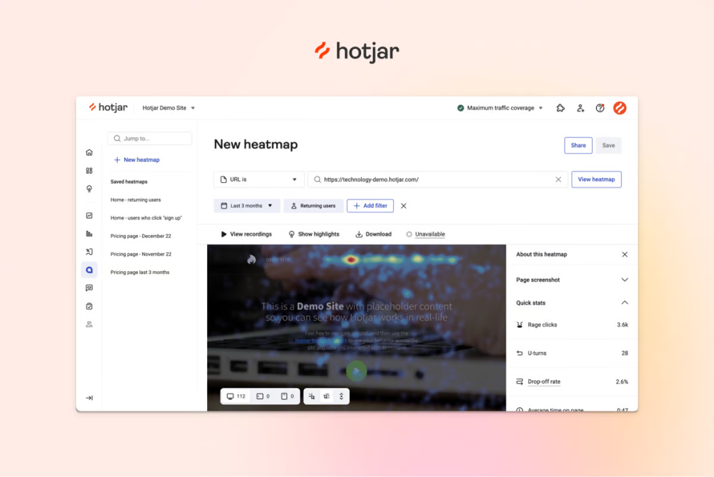 a screenshot of Hotjar's heatmap tool