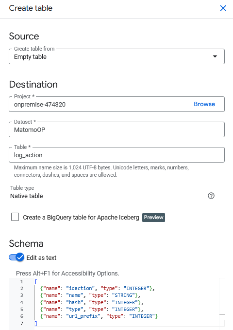 create new table in bigquery