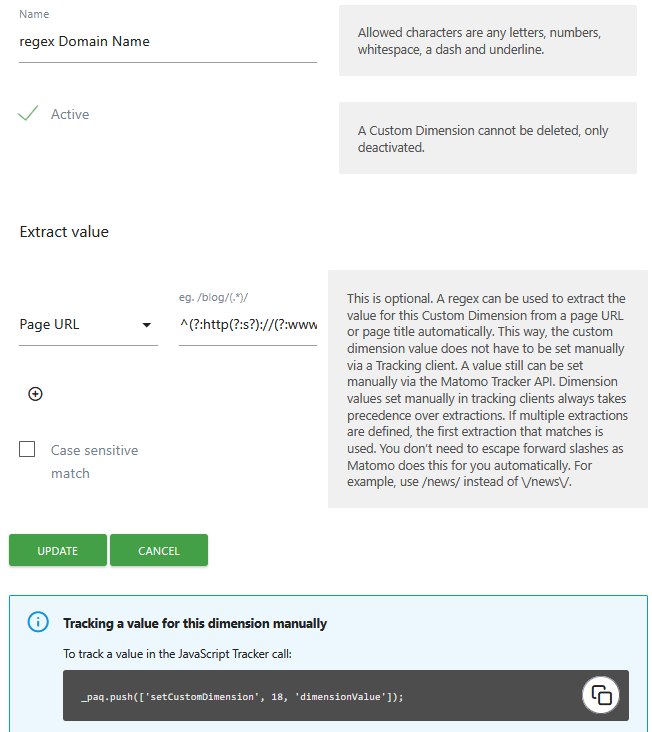 use regex for action dimension