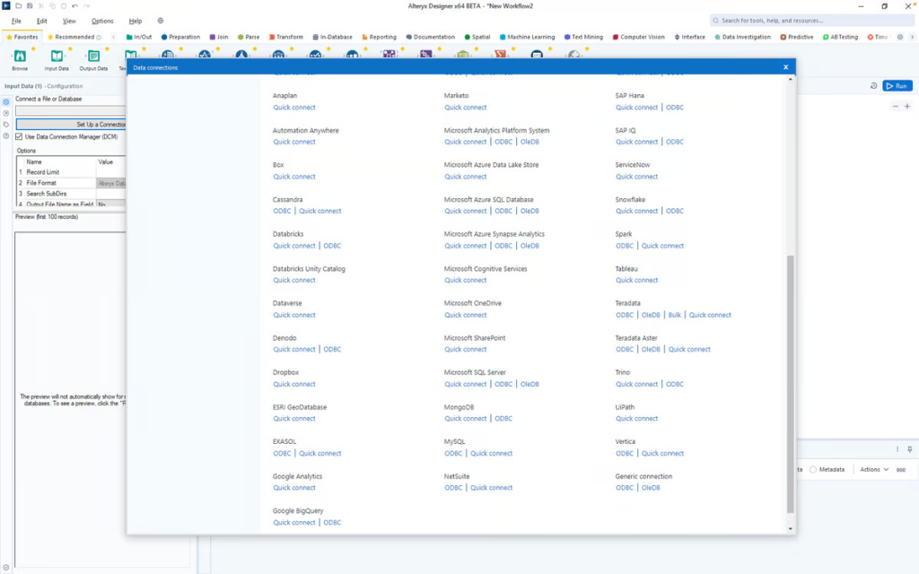 Atleryx platform pop-up listing built-in connectors.
