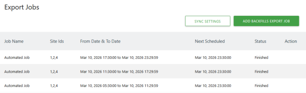 list of export jobs in data warehouse connector