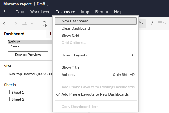 create new tableau dashboard