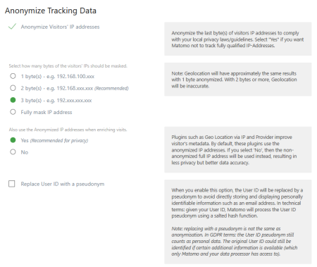 An image showing the Matomo anonymisation tracking data menu.